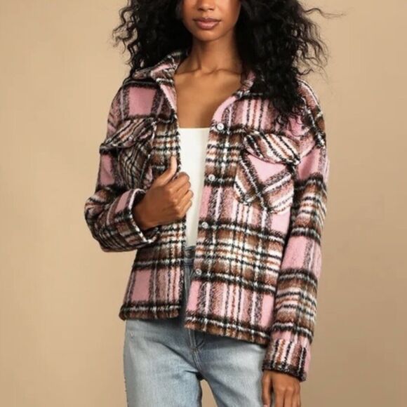 Lulus The City is Calling Pink Plaid Shacket Size Small - Picture 9 of 9